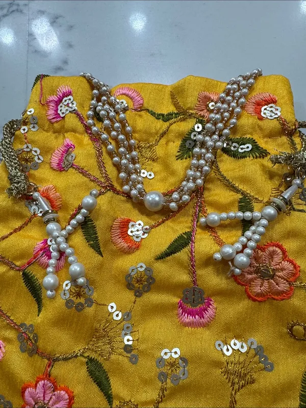 Yellow Floral Embroidered Indian potli Bag - Image 2
