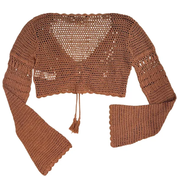 Forever 21 Retro Crochet Knit Bell Sleeves Crop Top 100% Cotton Size Small Brown - Image 5