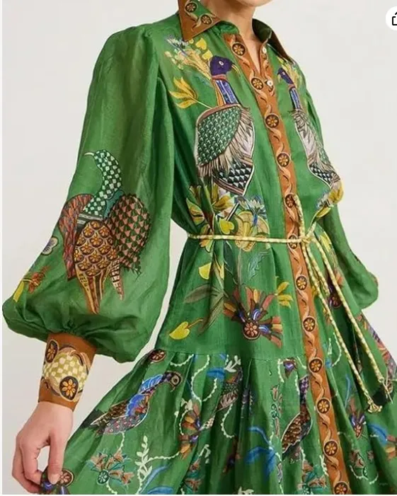 Women Dress A-Line Retro Printed Lantern Sleeve Long Dress with Belt small - Image 2