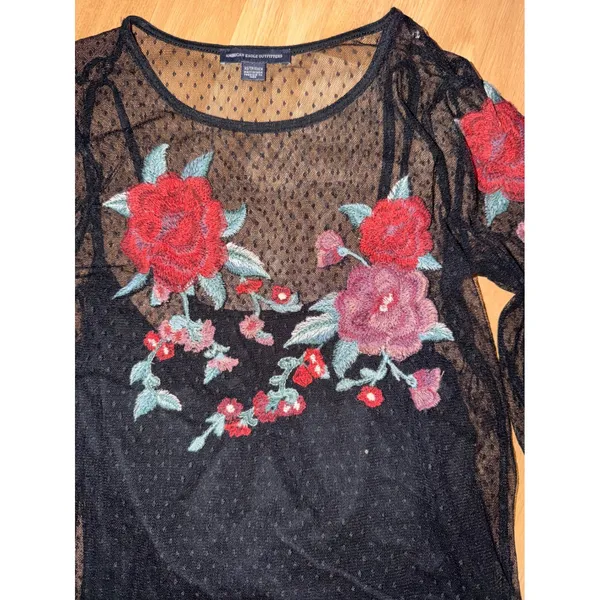 American Eagle Floral Embroidered Mesh Top Black Sheer Polka Dot Long Sleeve XS - Image 2