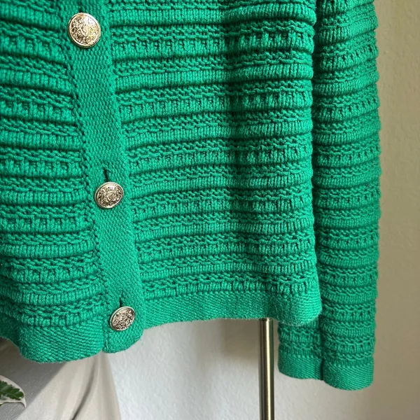 LOFT Women’s Green Chunky Crochet Cardigan Long Sleeve Sweater with Gold Buttons - Image 4