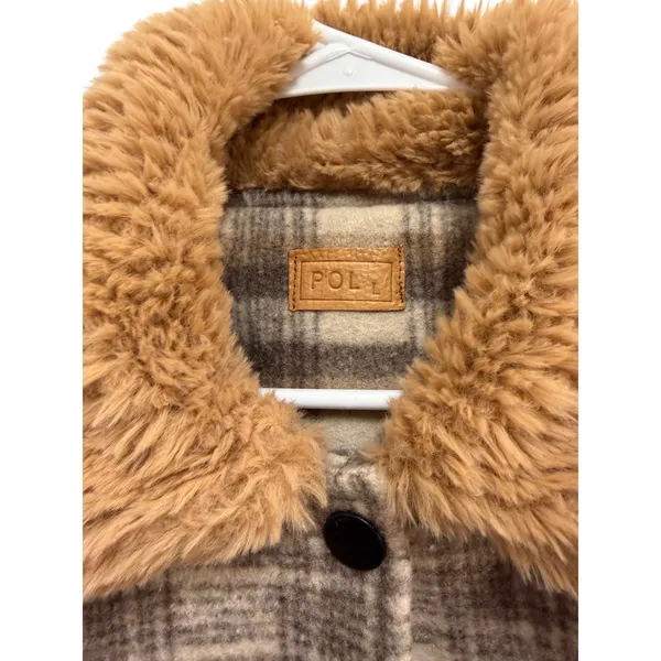 POL Plaid Faux‎ Fur Collar Sherpa Lined Shacket Jacket Women - Image 2