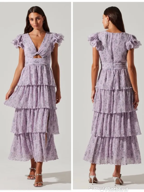 ASTR the Label Pleated Tiered Midi Dress Small Purple Floral Wedding Guest Party - Image 2