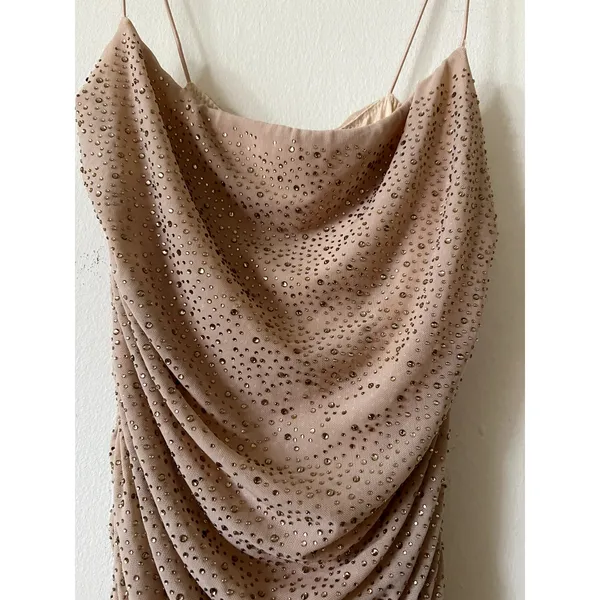 Oh Polly Ruched Rhinestone Mesh Mini Dress size 4 Sleeveless Beige - Image 2