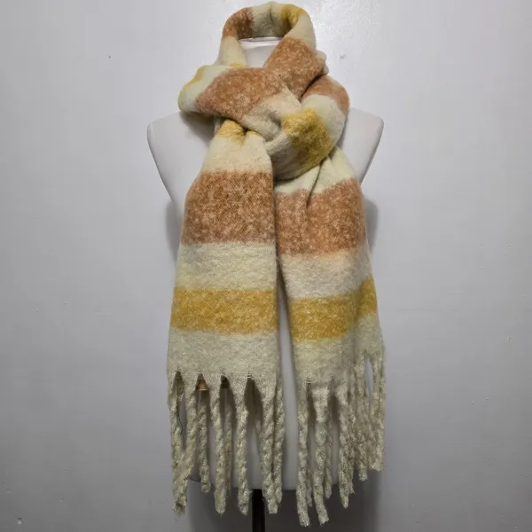 FRYE AND CO Plaid Fringe Scarf Cream Orange Yellow Stripe Cozy Winter Warm Boho - Image 2