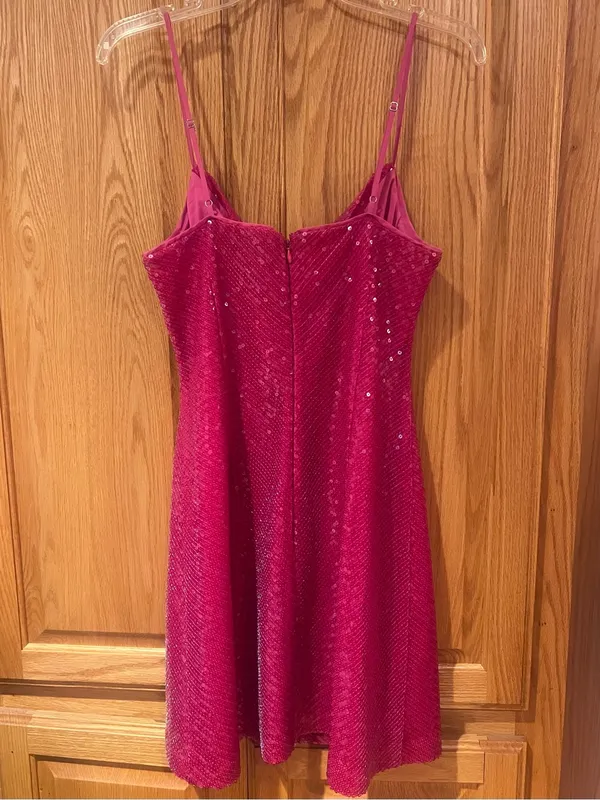 LIKELY Sequin Spaghetti Strap Draped Cowl Neck Mini Dress Fuchsia Pink Size 8 - Image 7