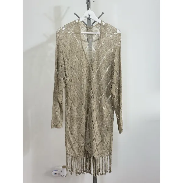 Womens Crochet Knit Cardigan Long Duster Metallic Beige Fringe Boho Cover Up L - Image 6