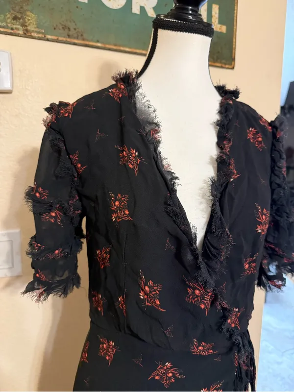 Dranella Wrap Lightweight Semi-Sheer Floral Black Small Frayed Fairy Dress - Image 2
