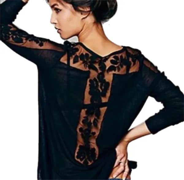Free People Lace Inset Mesh Top Black Small - Image 3