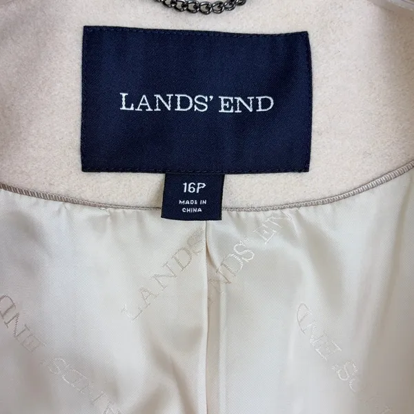 Lands End 16P Beige Wool Blend Car Coat Hidden Button Stand Collar Minimalist - Image 3