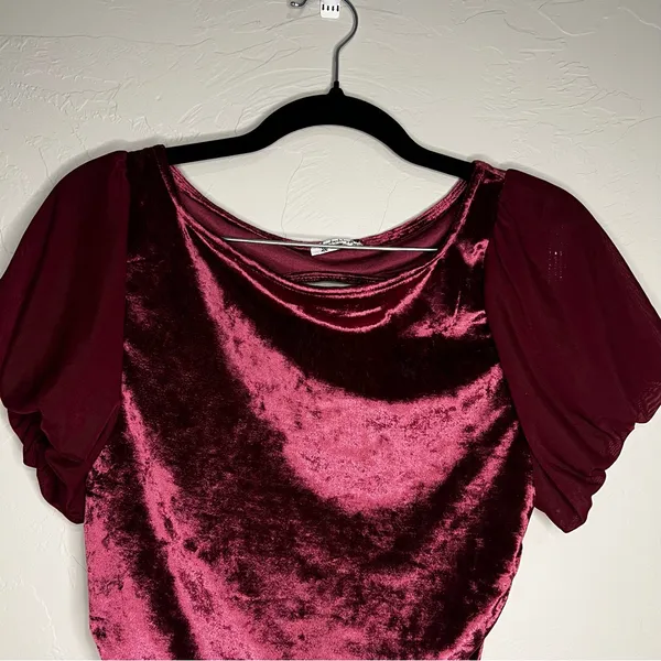 Intimately Free People Midnight Mood Velvet Burgundy Ruched Puff Sleeve Crop Top - Image 5
