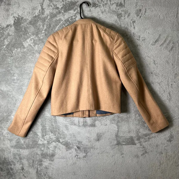 GAP Camel Wool Blend Moto Jacket Quilted Shoulder Zip‎ Front Biker Chic Small - Image 4
