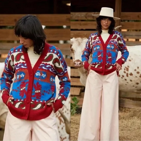 Carolina K Size M 100% Alpaca Wool Paisley Bright Western‎ Cardigan Sweater - Image 5