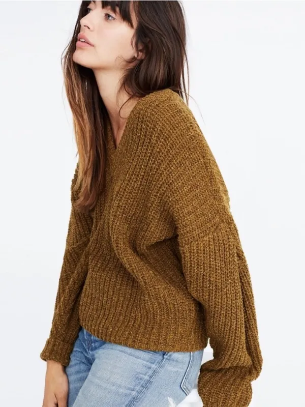 Madewell Gold Yellow Pleat Sleeve Pullover V Neck 90s Style Sweater Sz Medium - Image 2