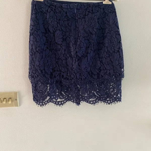 Lulus Turn Back Time Lace Two-Piece Crop Top Mini Skirt Set Small Navy - Image 10