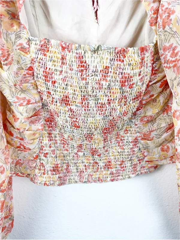 FREE PEOPLE Mabel Floral Ruching Sheer Balloon Sleeves Smocked Back Top Small - Image 10