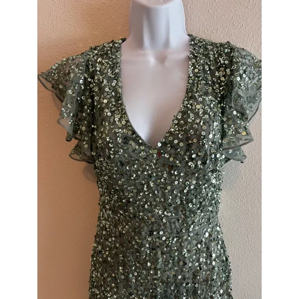 NWT $398 Mac Duggal Sequin‎ Midi Dress 2 Sage Green Flutter Sleeve Trumpet 10801 - Image 7