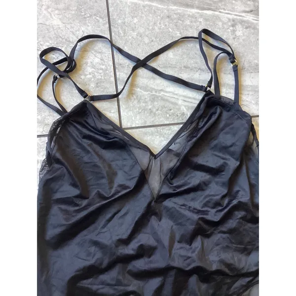 Victoria's Secret Black Mesh Panel Strappy Back Bodysuit L Large Gold Hardware - Image 2