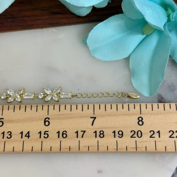 14K Gold Plated XP Tone Butterfly Crystal Link Bracelet Adjustable Baguette - Image 2