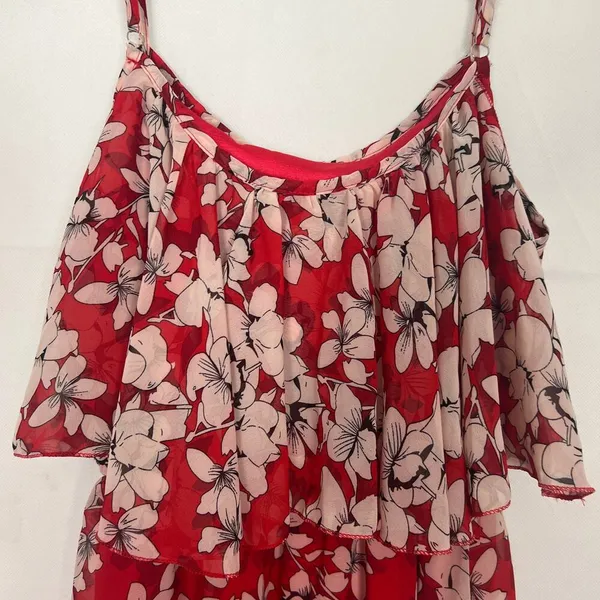 TTI Floral Off Shoulder Chiffon Red Maxi Dress Size Small - Image 14