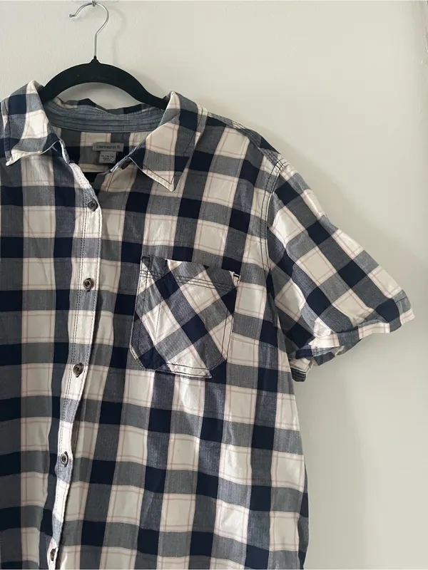 Carhartt Women's Plaid Short Sleeve Button Down Shirt XL Blue White 100% Cotton - Image 3