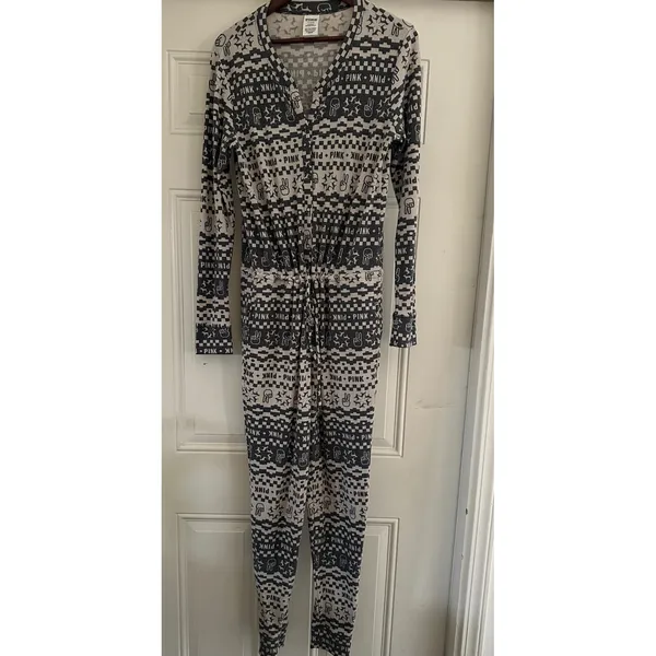 PINK Victoria's Secret Waffle Knit One-Piece Thermal Pajamas Onesie Medium - Image 2