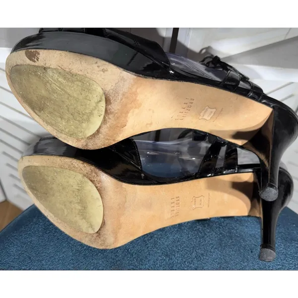 Stuart Weitzman Black Patent Leather Heels straps buckle closure platform Sz 10 - Image 10