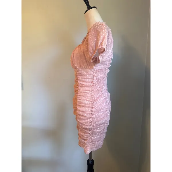 Blashe Pink Dot Ruched Mesh Mini body Dress Puff Sleeve Bodycon y2k dainty Large - Image 4