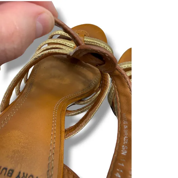 Tory Burch Charlene Sandals 7.5 Tan Gold Leather Heels Dress‎ Party Elegant - Image 8