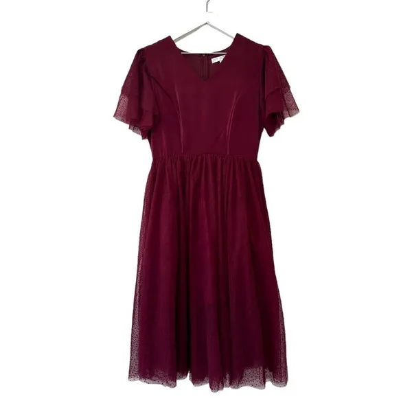 Ivy City Co Maroon Swiss Dot Flutter Sleeve Midi Dress Size Small - Image 2