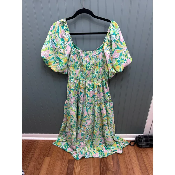 BTFBM Green Floral Puff Sleeve Cutout‎ Tiered Midi Dress Womens Large Retro Boho - Image 4