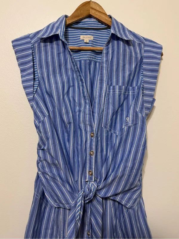 Anthropologie Pilcro Striped Sleeveless Wrap Shirt Dress Button Down XS Blue - Image 4