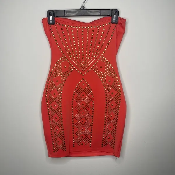 Soho- Salmon Strapless Dress with Gold Circle Details - Image 2