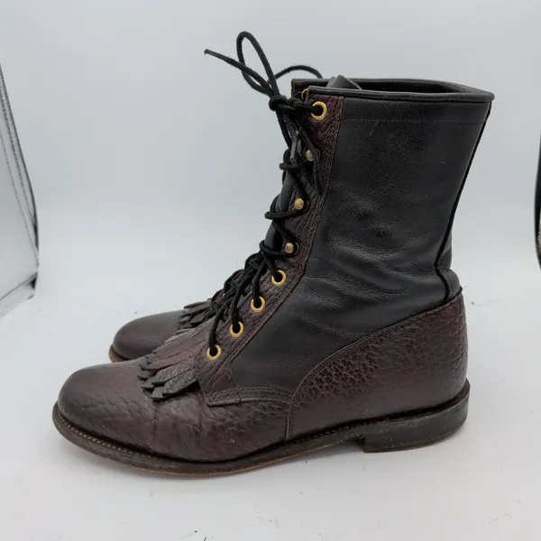 Justin Exotic Leather Packer Roper Boots Women Brown Leather Lace Kiltie 8 B USA - Image 2