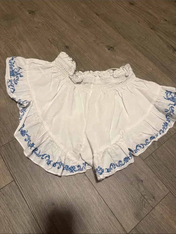Caroline Constas White Ruffle Shorts with Blue Embroidered Trim medium - Image 3