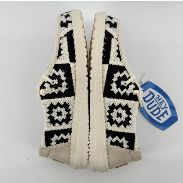 Hey Dude Wendy Cottage Crochet‎ Slip On Shoe Black White Women 5 Granny Square - Image 5