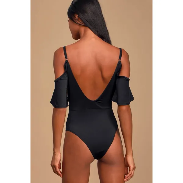 Lulus‎ Slay It With Me Black Off Shoulder Bodysuit XS Flutter Sleeve Sexy Chic - Image 3