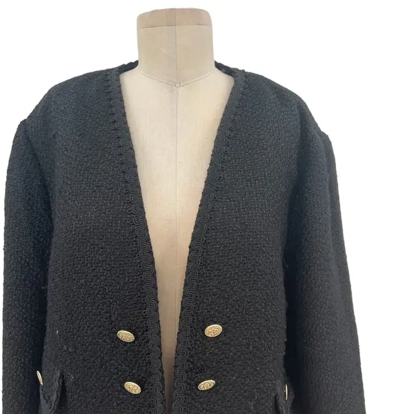 Zara Jacket Button Textured Tweed Gold‎ Button Open Cropped Black Blazer XXL - Image 5