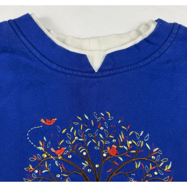 Breckenridge Cobalt Blue Sweatshirt‎ Grandma Sweater Small Tree Owl Red Birds - Image 5