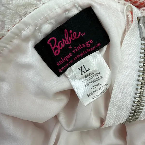 Barbie x Unique Vintage Dress Womens XL Pink Houndstooth Lace Trim Fit and Flare - Image 7