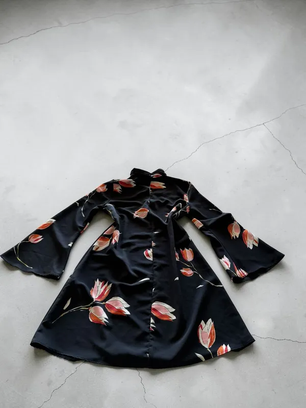 Zara Basic Collection Black Floral Choker V-Neck Mini Dress with Bell‎ Sleeves - Image 2