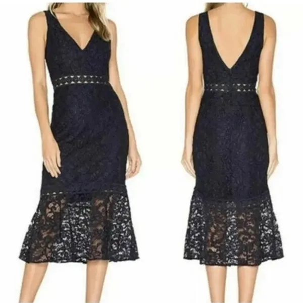 Bardot Fiona Lace Trumpet Midi Dress , Cocktail Sheath Flounce Sleeveless Navy - Image 2