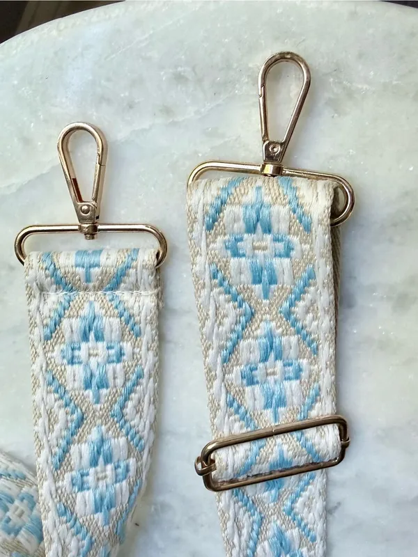 “Dancing Diamonds” Blue & Taupe Embroidered Handbag Strap - Image 2