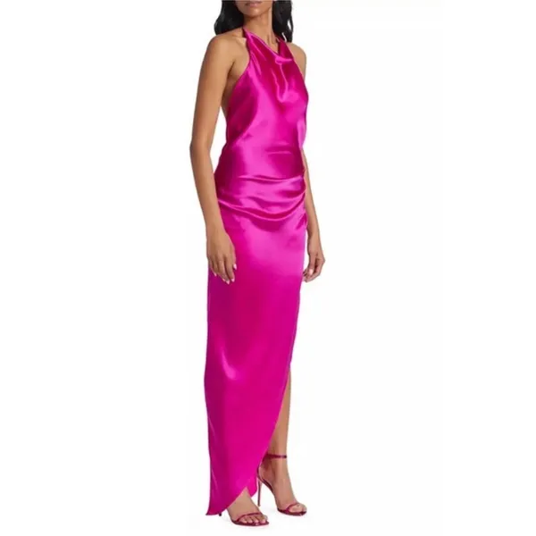 NWT Amanda Uprichard Elektra Silk Halter Gown Hot Pink Asymmetrical XS $343‎ - Image 2