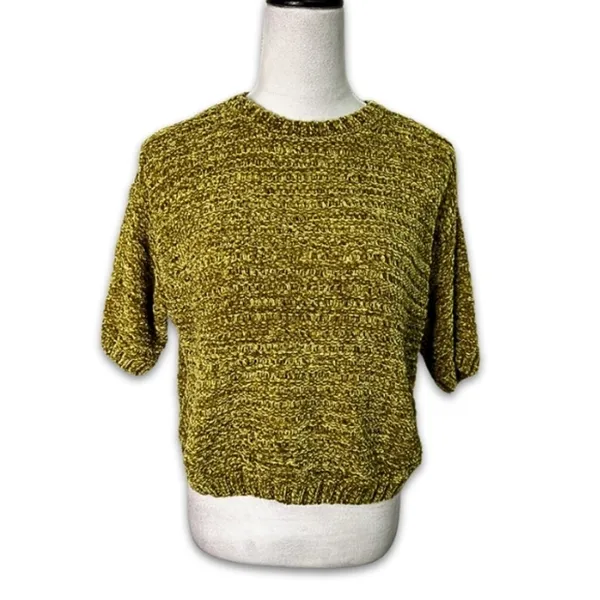 Open Edit Gold Olive Green Cropped Sweater Short Sleeve Knit Top S. NWT Textured - Image 3