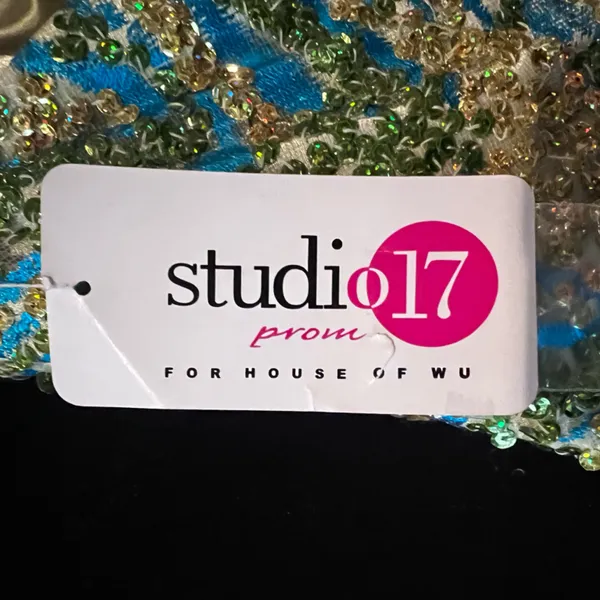 NWT Studio 17 House of Wu Lime Turquoise Gold Strapless Gown 8 - Image 7