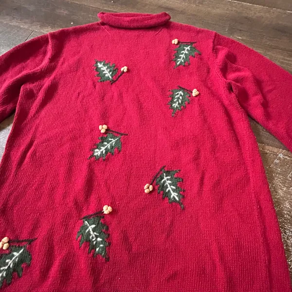 Coldwater Creek Red Holly Berry Embroidered Roll Neck Sweater Womens Large L - Image 2