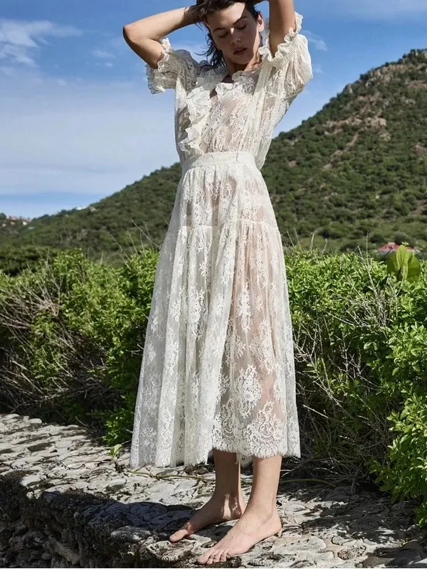 Doen Cream Lace Midi Skirt, S - Image 3