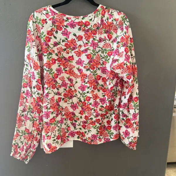 Floral Long Sleeve Tie Neck Blouse Pink Orange White Crinkle Boho Top‎ Womens XL - Image 4