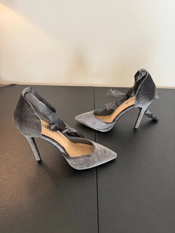 JustFab Cosette Grey Velvet Ribbon Tie Stiletto Heels Pumps Size US 8 - Image 2